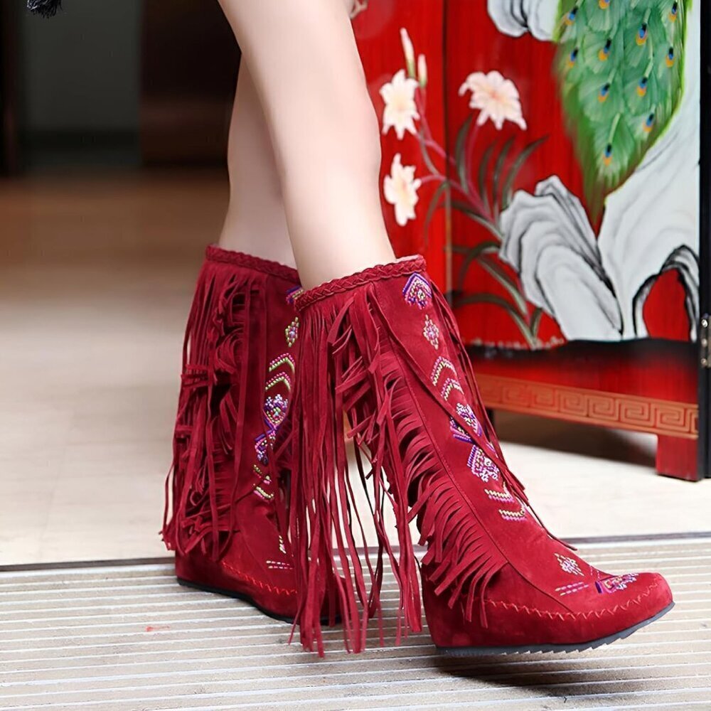 🆕 Red Faux Leather Embroidered Fringe Knee High Cowboy Boots Women’s Western - Picture 3 of 5